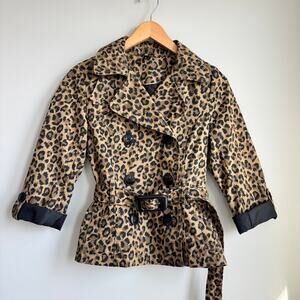 H&M Cropped Trench Coat Leopard Animal Print 3/4 Sleeves Cuffed Belted Size 4